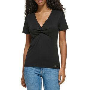 Calvin Klein Womens Twisted V-Neck Pullover Top Black Size S